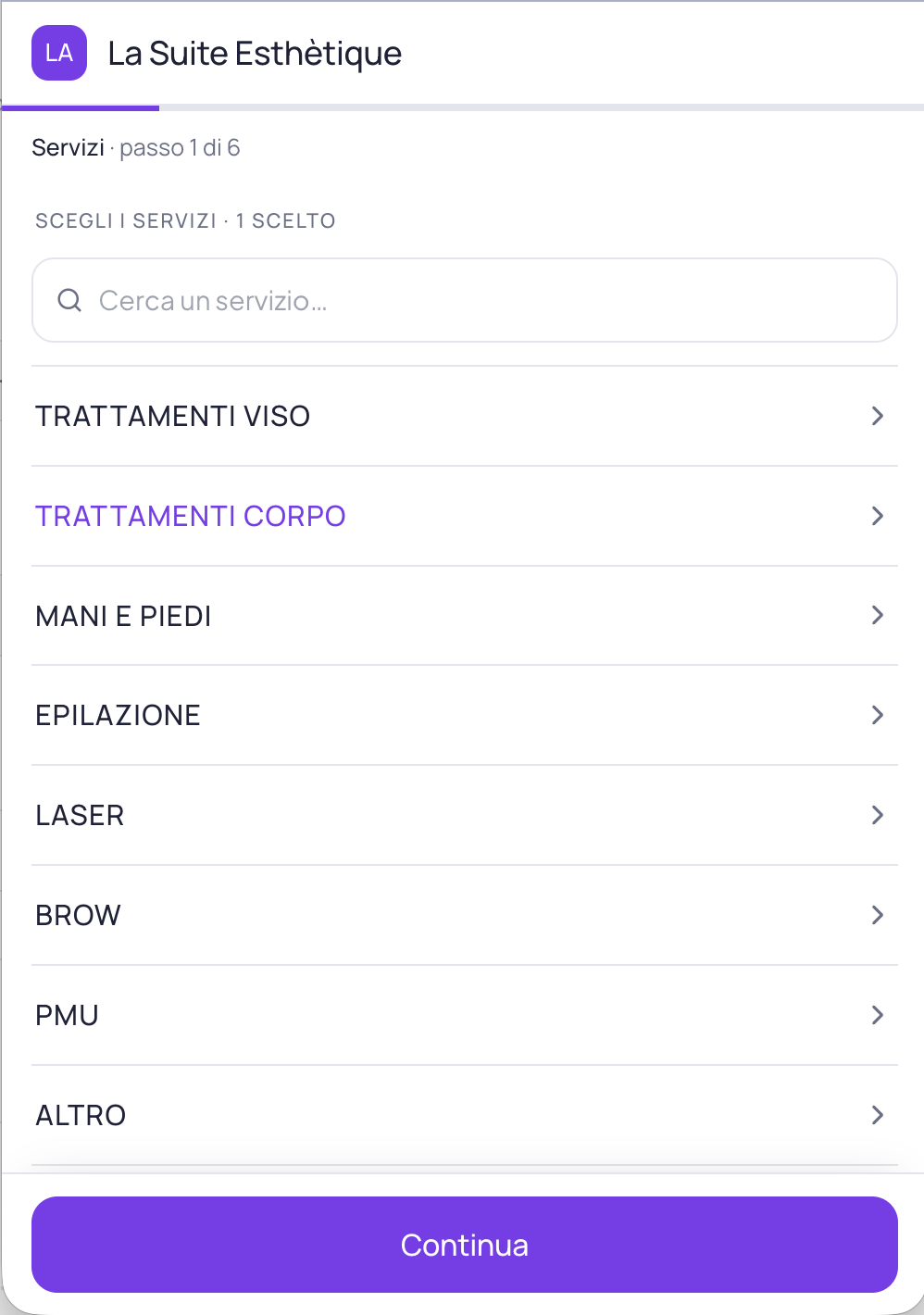 Prenotazione online reale Vickora da mobile con categorie di servizi e pulsante Continua
