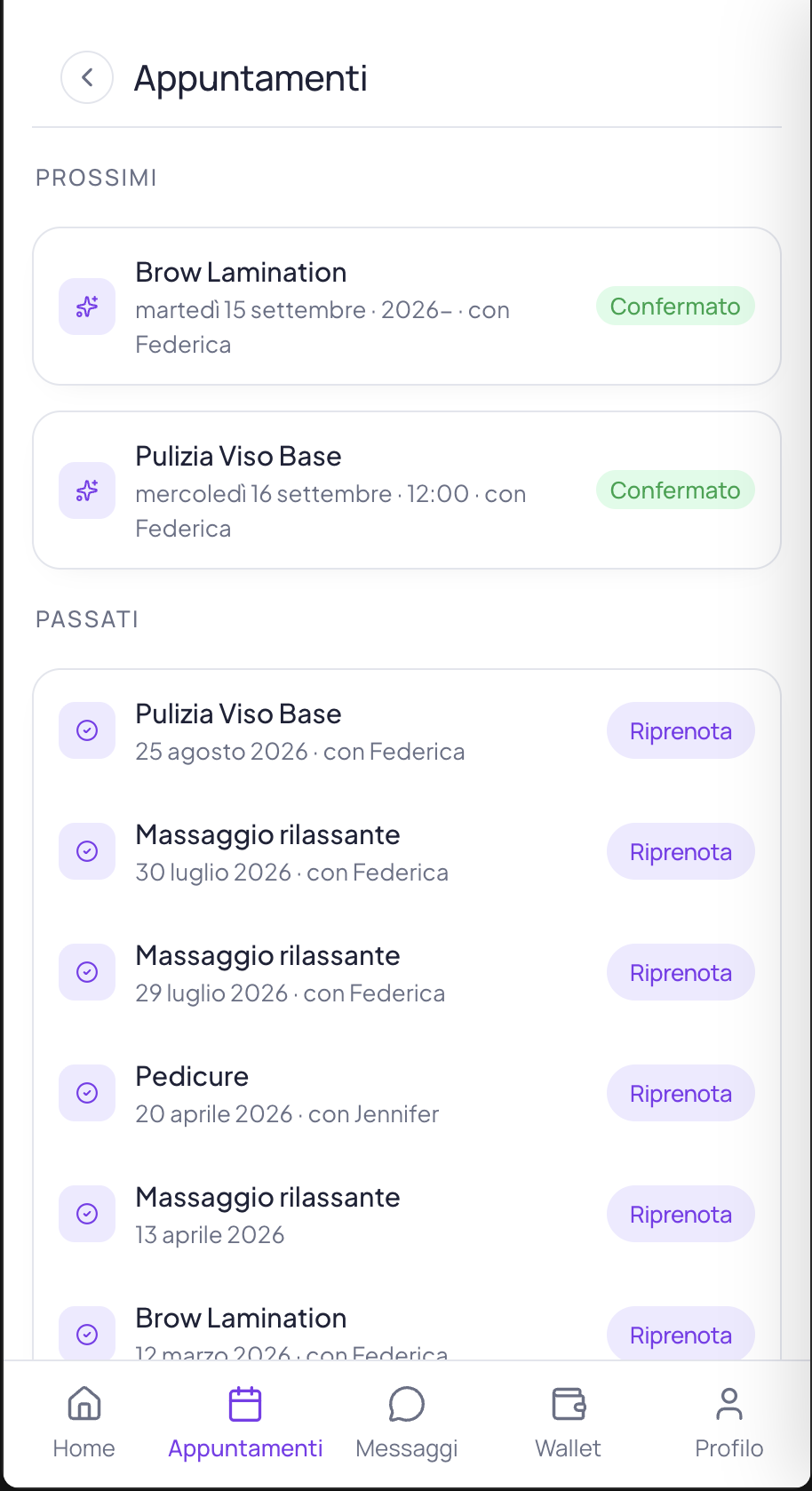 Portale clienti reale Vickora con appuntamenti confermati, storico e pulsanti Riprenota