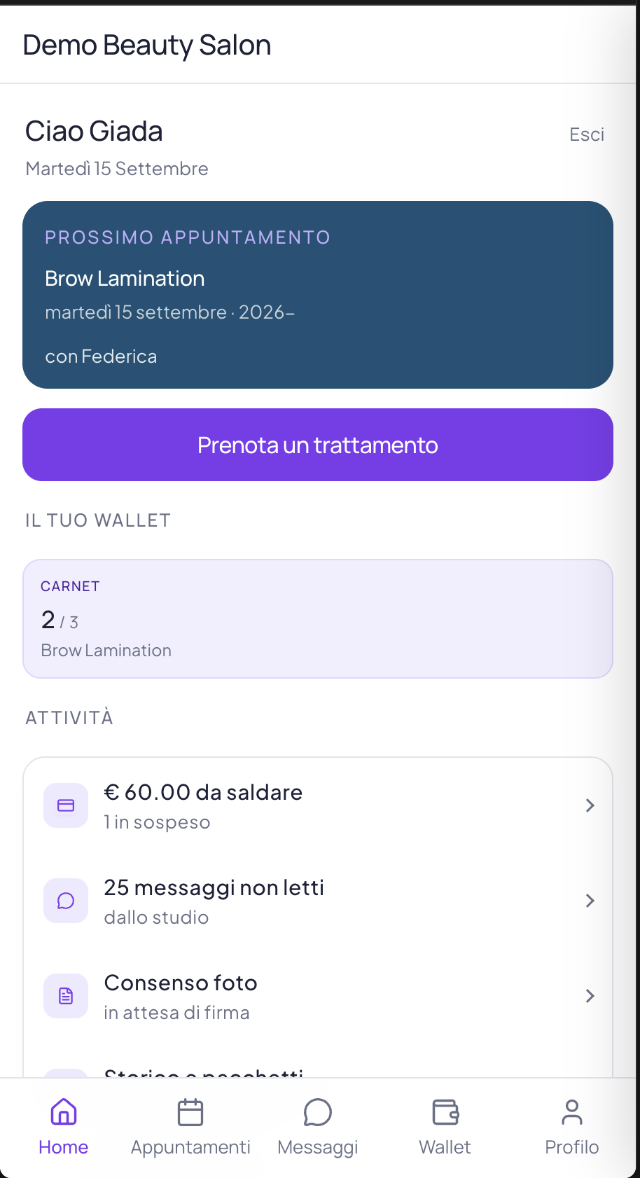 Portale clienti reale Vickora con prossimo appuntamento di Giada, carnet e attività personali