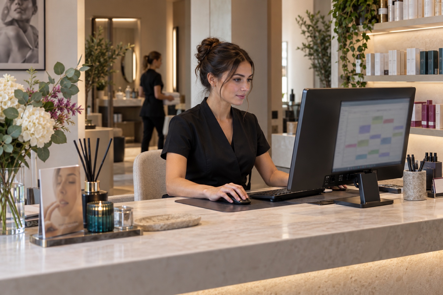 Receptionist al computer mentre organizza gli appuntamenti del centro estetico